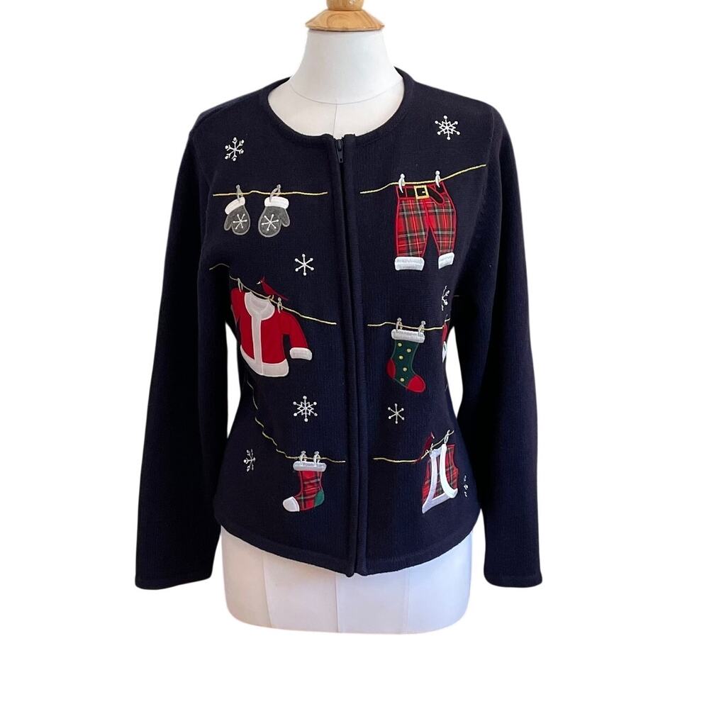 Dressbarn Navy Blue Christmas Sweater Jacket, Stockings, Snowflakes, Size L